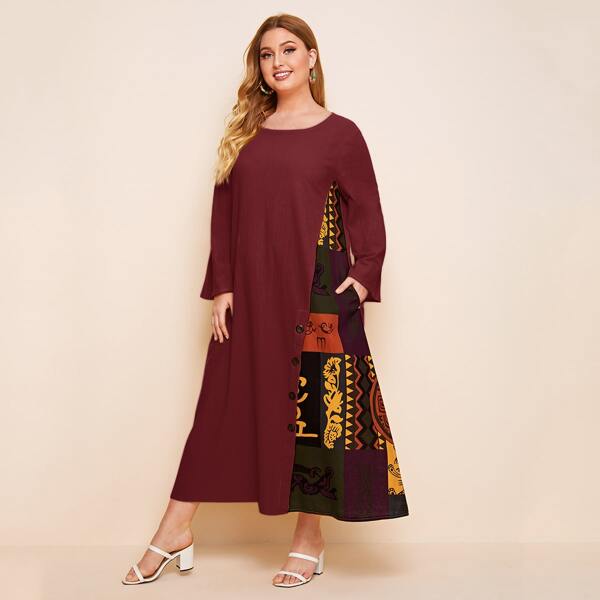 

Plus Tribal Panel Button Detail Tent Dress, Burgundy