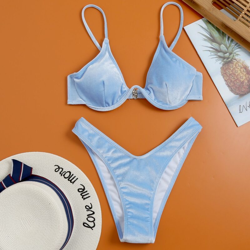

Velvet Underwire Halter High Cut Bikini Swimsuit, Pastel baby blue