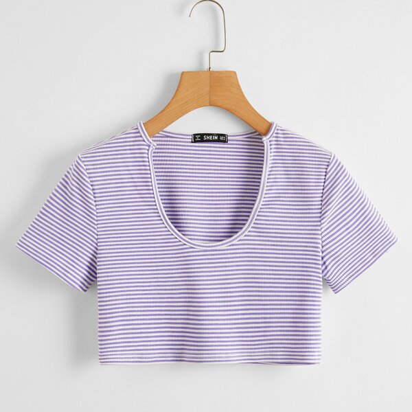 

Striped Print Rib-knit Crop Tee, Multicolor