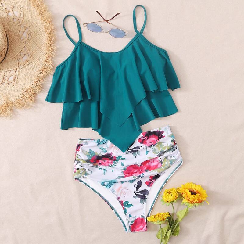 

Floral Hanky Hem High Waisted Bikini Swimsuit, Multicolor