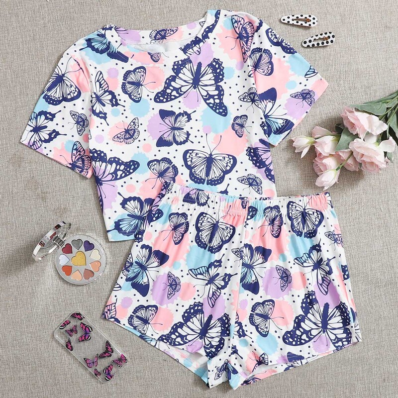 

Butterfly Print Shorts PJ Set, Multicolor