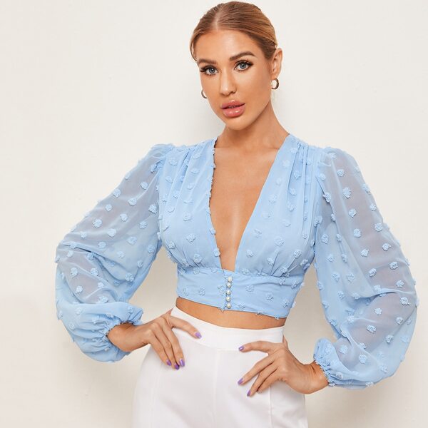 

Plunging Neck Lantern Sleeve Pearl Button Front Swiss Dot Blouse, Pastel baby blue