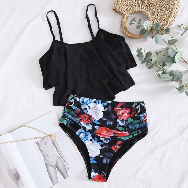 

Floral Hanky Hem High Waisted Bikini Swimsuit, Multicolor