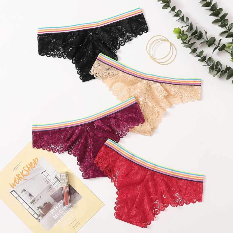 

4pack Striped Tape Lace Panty, Multicolor