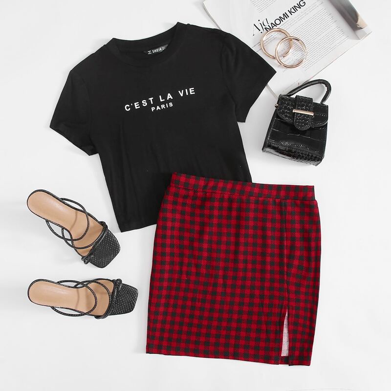 

Slogan Graphic Tee and Buffalo Plaid Split Hem Skirt Set, Multicolor