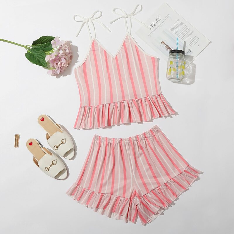 

Striped Ruffle Hem Cami PJ Set, Multicolor