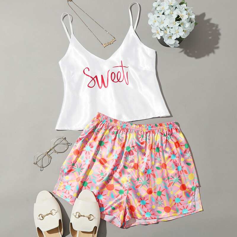

Letter Cami & Sun Graphic Shorts PJ Set, Red and white