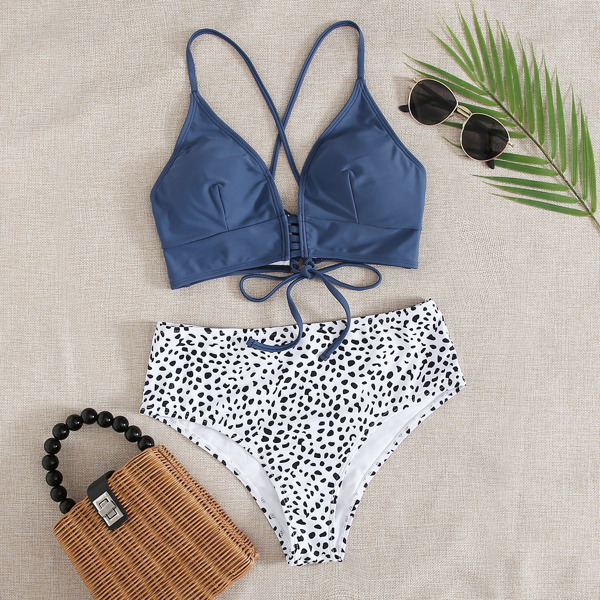 

Dalmatian Tie Back High Waisted Bikini Swimsuit, Multicolor