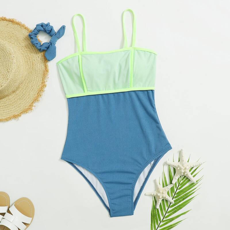 

Colorblock Ribbed One Piece Swimsuit & Scrunchie, Multicolor