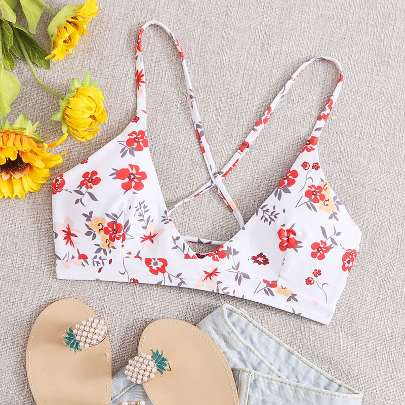 

Floral Lace-up Back Bikini Top, White
