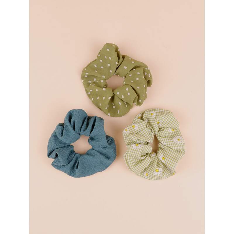 

3pcs Daisy & Polka Dot Scrunchie, Multicolor