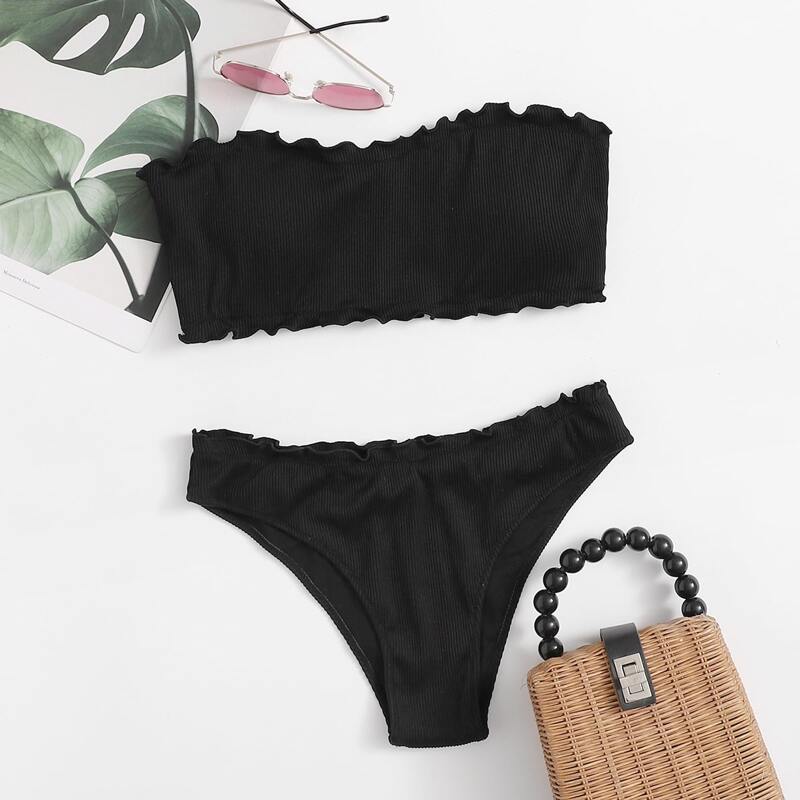 

Rib Lettuce Trim Bandeau Bikini Swimsuit, Black