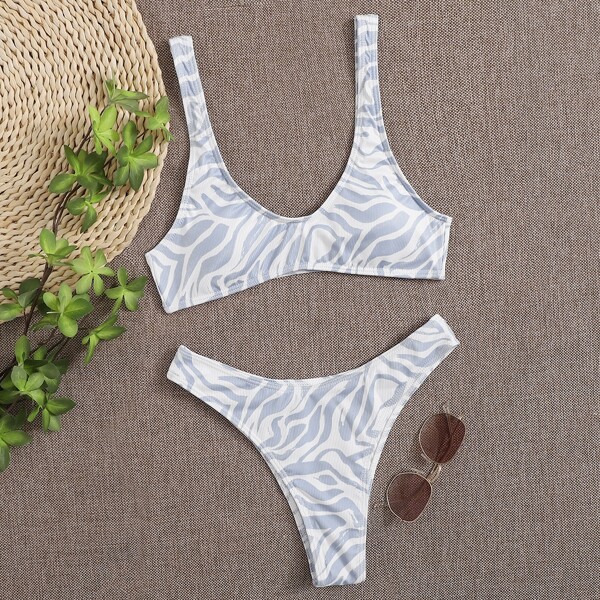 

Zebra Stripe High Cut Bikini Swimsuit, Blue and white