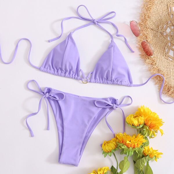 

Halter Triangle Tie Side Bikini Swimsuit, Pastel lilac purple