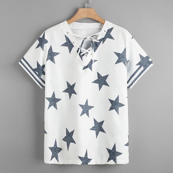

Plus Star & Striped Print Lace-up Blouse, White