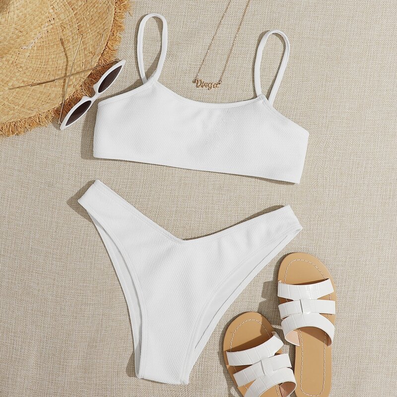 

Textured High Cut Bikini Swimsuit, White