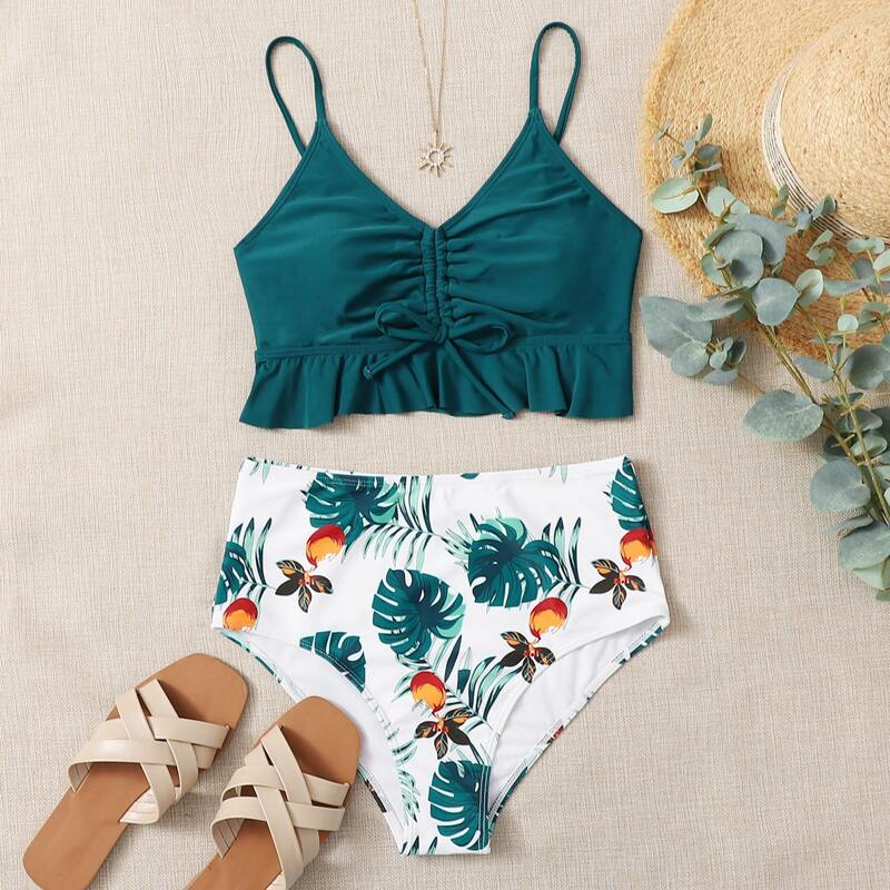 

Tropical Drawstring Ruffle Hem Bikini Swimsuit, Multicolor