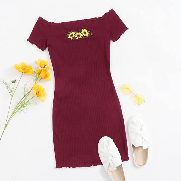 

Sunflower Embroidered Lettuce Edge Off Shoulder Dress, Maroon