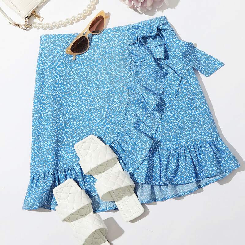 

Allover Print Tie Front Ruffle Trim Skirt, Blue