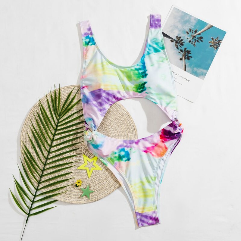 

Tie Dye Ring Linked Cut-out One Piece Swimsuit, Multicolor