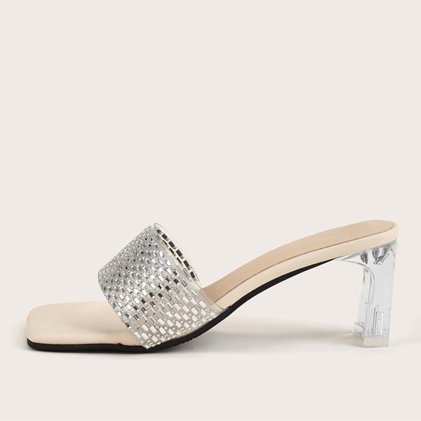 

Rhinestone Decor Chunky Heeled Mules, Beige