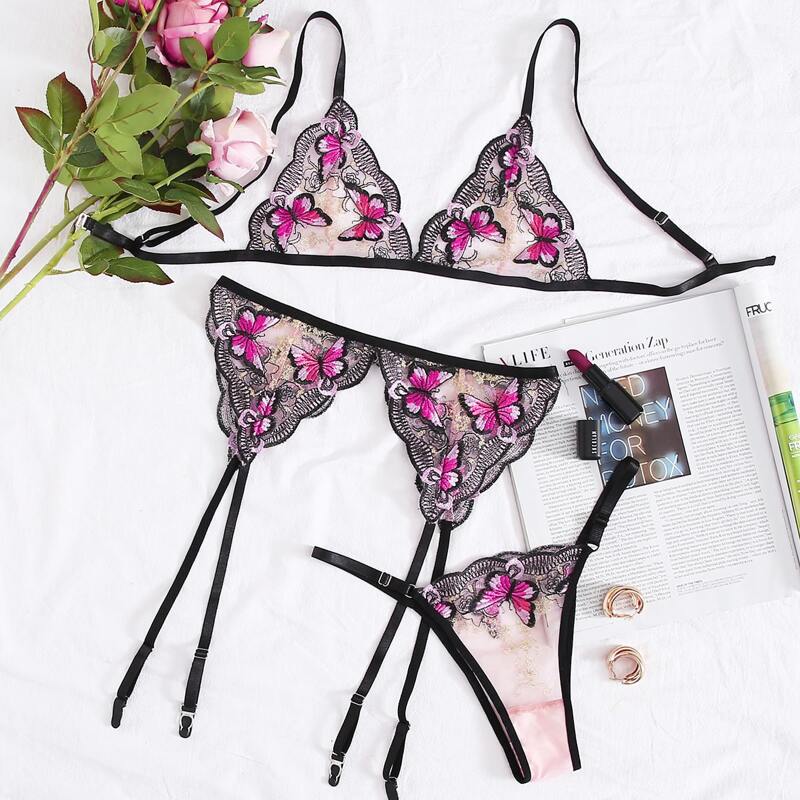 

Butterfly Embroidery Scallop Garter Lingerie Set, Multicolor
