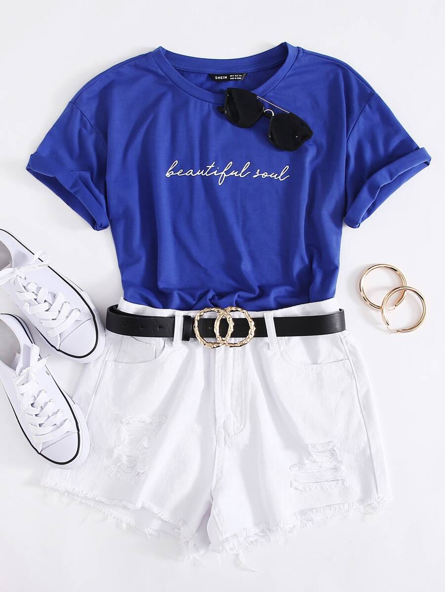 SHEIN EZwear Letter Graphic Tee - Royal Blue - View 1