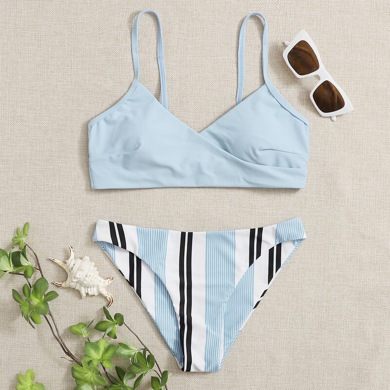 

Stripe Wrap Cami Bikini Swimsuit, Blue and white