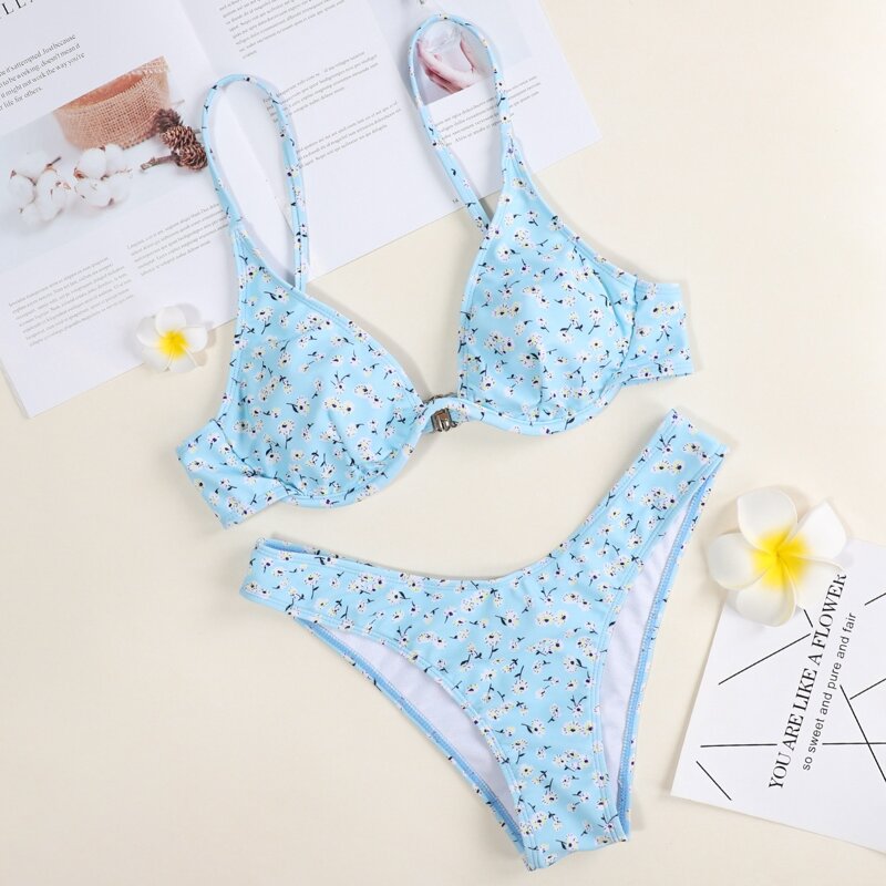 

Ditsy Floral Underwire High Cut Bikini Swimsuit, Pastel baby blue
