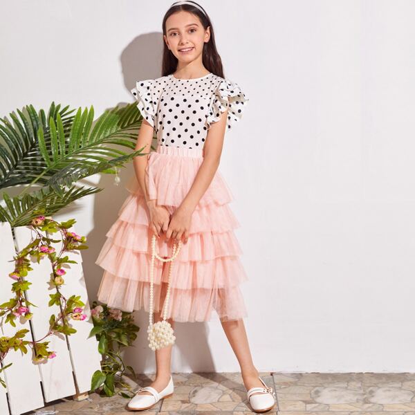 

Girls Ruffle Armhole Polka-dot Top & Layered Mesh Skirt Set, Multicolor