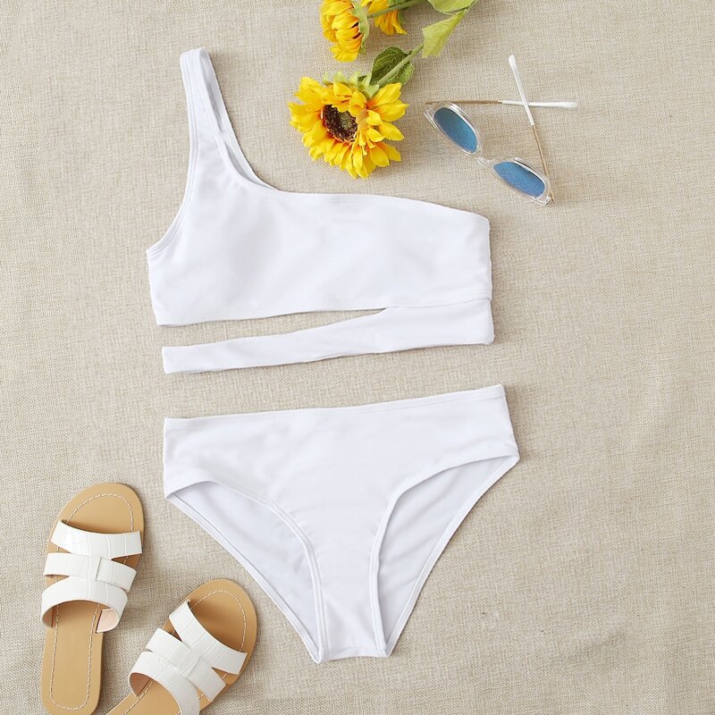 

One Shoulder Cut-out Bikini Swimsuit, White