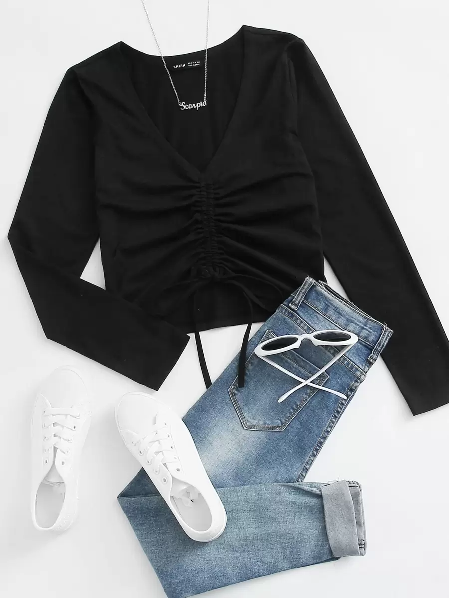 SHEIN EZwear 抽繩抽褶素色T恤 - 黑色 - 查看 1