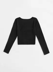 SHEIN EZwear 抽繩抽褶素色T恤 - 黑色 - 查看 2