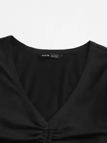 SHEIN EZwear 抽繩抽褶素色T恤 - 黑色 - 查看 3