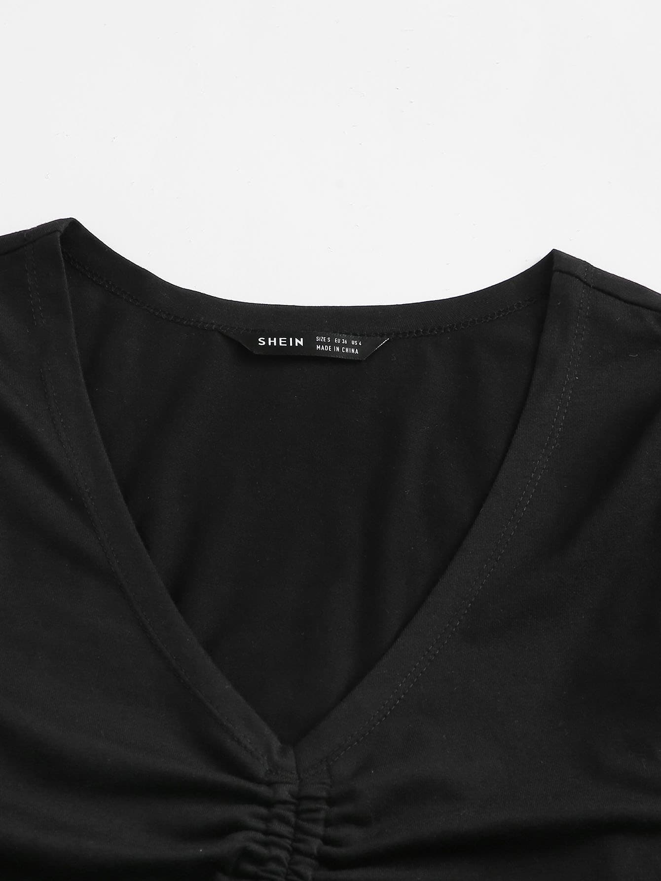 SHEIN EZwear 抽繩抽褶素色T恤 - 黑色 - 查看 3