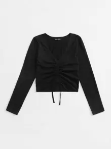 SHEIN EZwear 抽繩抽褶素色T恤 - 黑色 - 查看 4