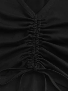 SHEIN EZwear 抽繩抽褶素色T恤 - 黑色 - 查看 5