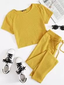 SHEIN EZwear Solid Rib-knit Tee & Tie Waist Trousers Set - Mustard Yellow - View 1