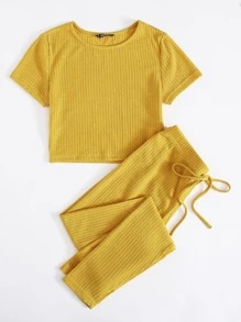 SHEIN EZwear Solid Rib-knit Tee & Tie Waist Trousers Set - Mustard Yellow - View 3