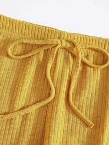 SHEIN EZwear Solid Rib-knit Tee & Tie Waist Trousers Set - Mustard Yellow - View 4