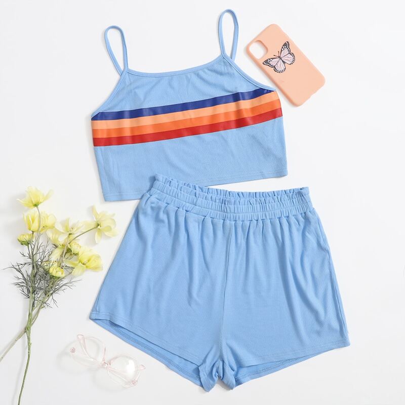 

Striped Rib Cami & Shorts PJ Set, Baby blue