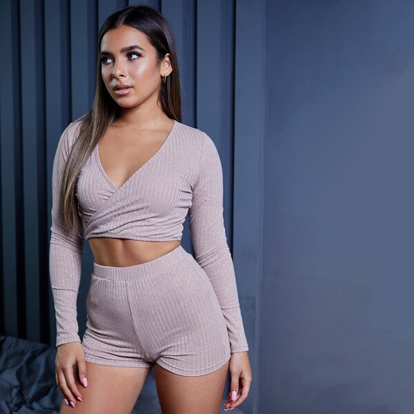 

Rib-knit Glitter Crop Tee & Track Shorts Set, Pastel baby pink