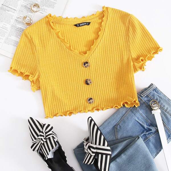 

Button Front Lettuce Trim Rib-knit Crop Top, Mustard yellow