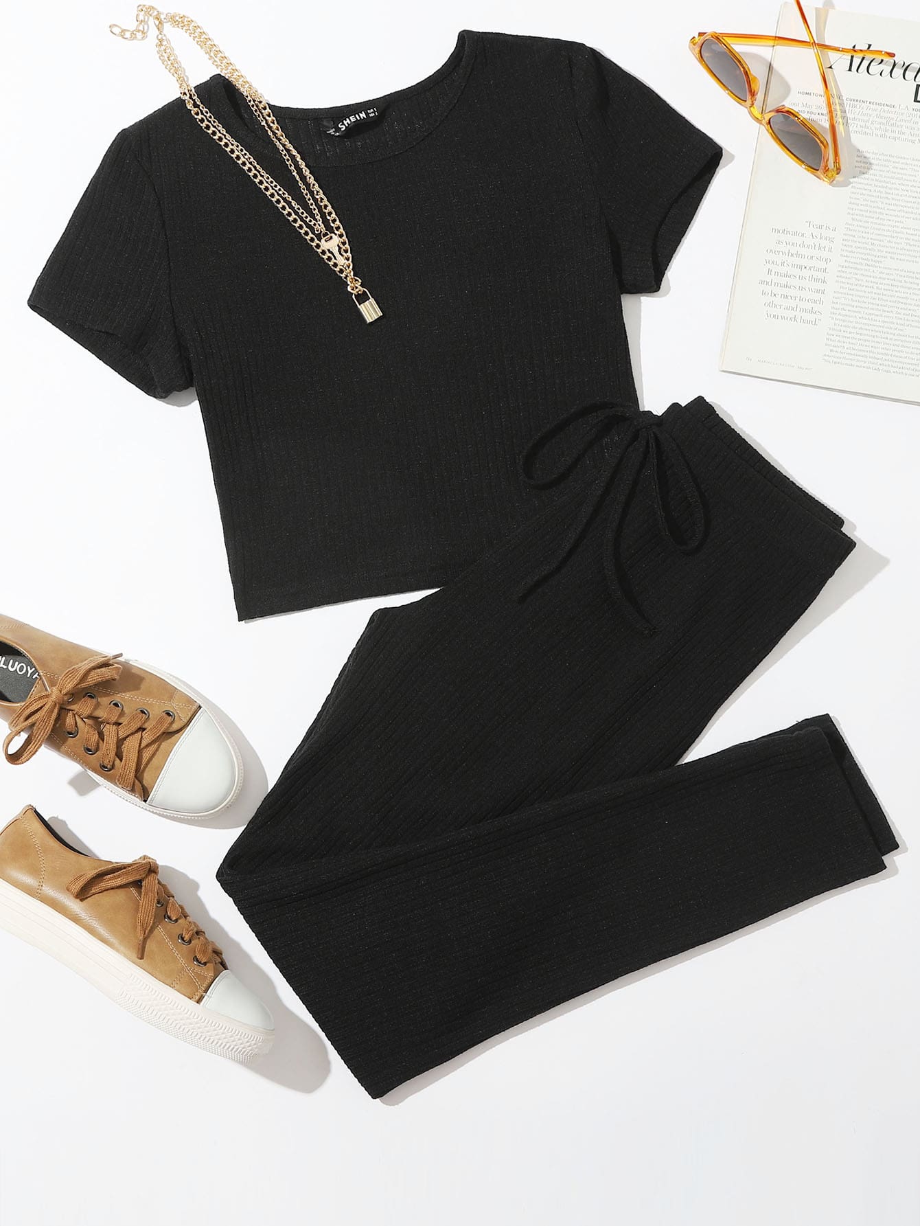 SHEIN EZwear Solid Rib-knit Tee & Tie Waist Pants Set - Black - View 1