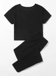 SHEIN EZwear Solid Rib-knit Tee & Tie Waist Pants Set - Black - View 2