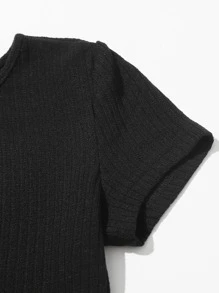 SHEIN EZwear Solid Rib-knit Tee & Tie Waist Pants Set - Black - View 3
