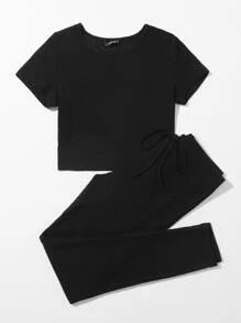 SHEIN EZwear Solid Rib-knit Tee & Tie Waist Pants Set - Black - View 4