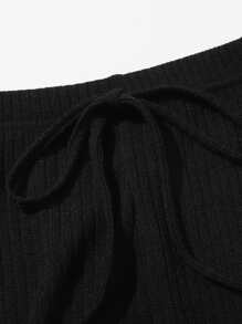 SHEIN EZwear Solid Rib-knit Tee & Tie Waist Pants Set - Black - View 5