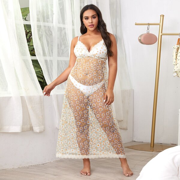 

Plus Ditsy Floral Sheer Mesh Dress, White