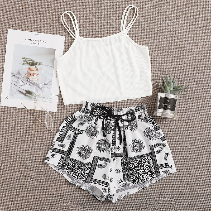 

Double Strap Cami & Tribal Shorts PJ Set, Black and white